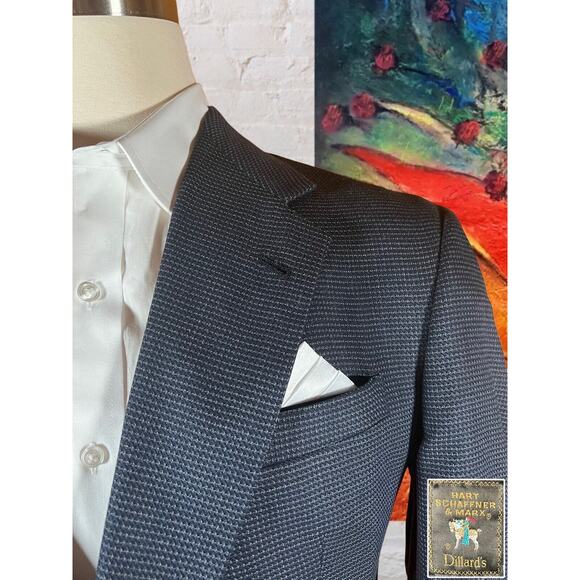 Vintage Hart Schaffner Marx 42L Blue Black Textured Blazer Sport Coat Jacket - Picture 3 of 14